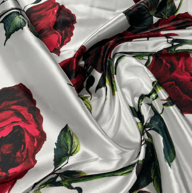 Red Rose Pattern White Fabric by Metre