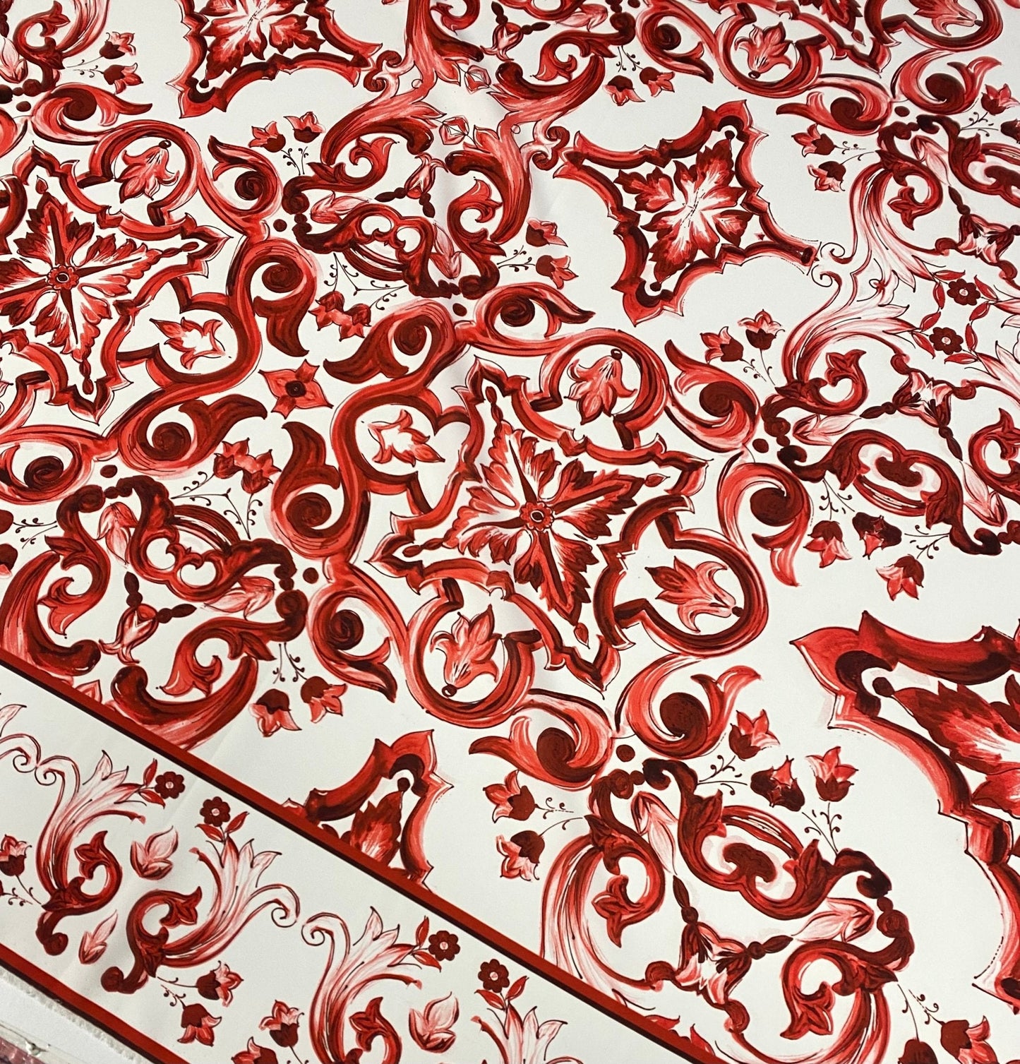 Majolica Floral Scroll Red White Fabric by the Metre
