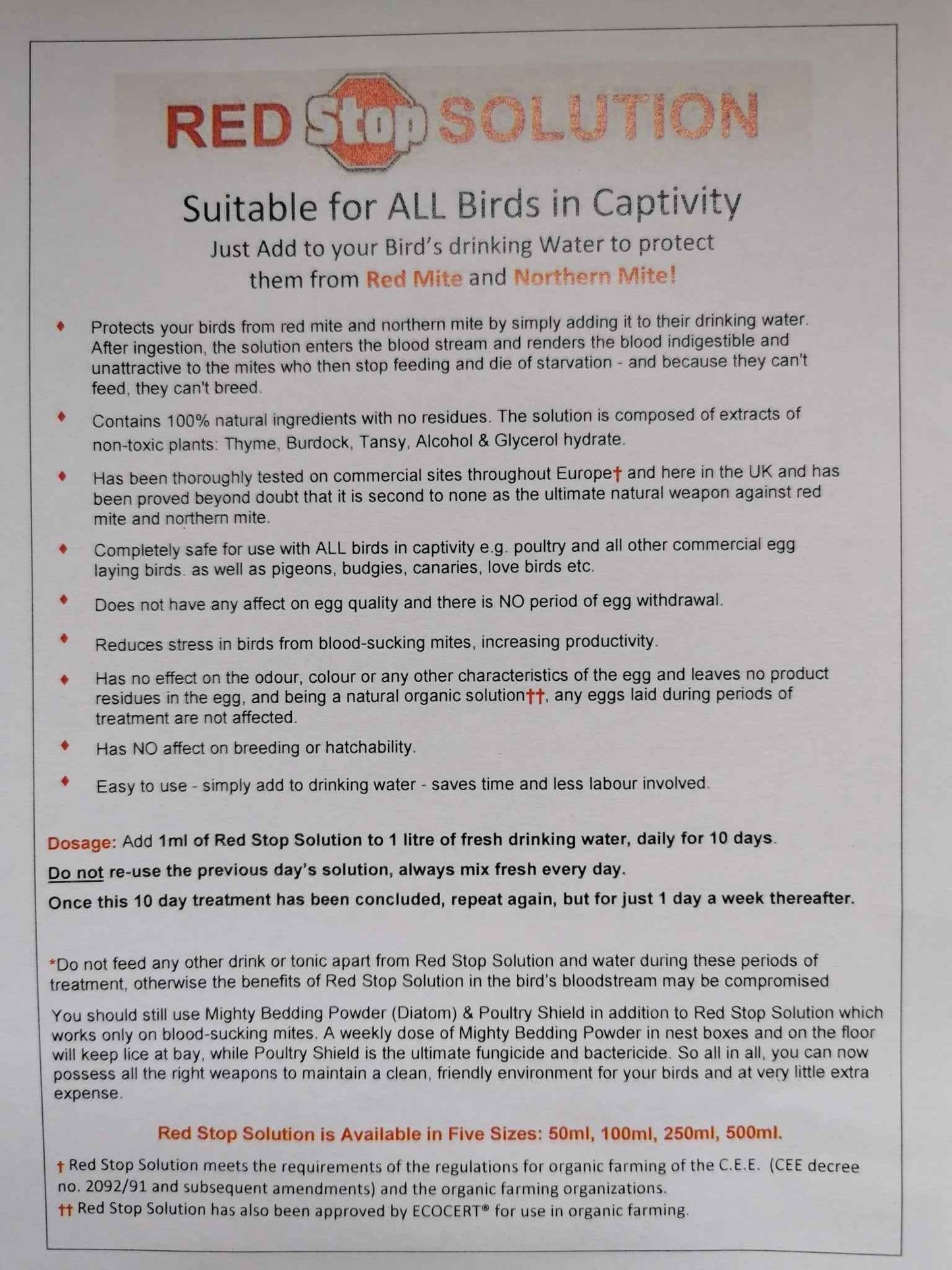 Red Stop concentrate solution for RED MITE control