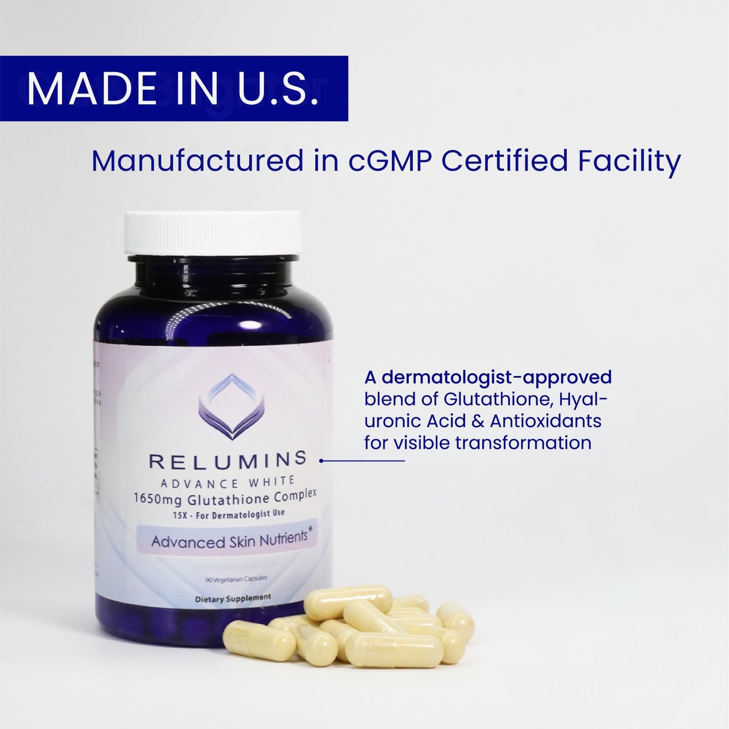 Relumins L-Glutathione Complex 1650mg – Antioxidant & Skin Health, Made in USA
