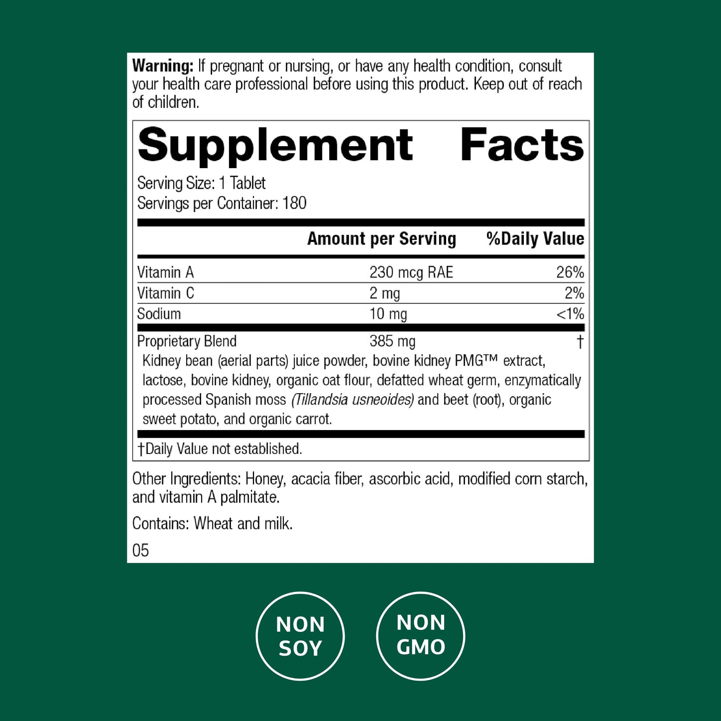 Standard Process Renafood - Kidney Support with Vitamin A, Non-Soy, 180 Tablets