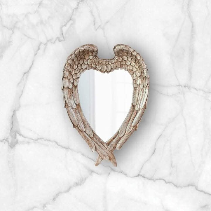 Silver Feathered Angel Wings Heart Shaped Decorative Wall Mirror
