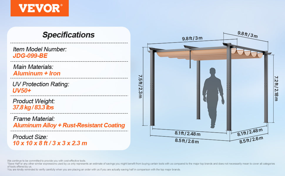 VEVOR 10'x10' Outdoor Retractable Pergola with Canopy Aluminum Pergola with Canopy Modern Pergola with Shade Canopy for Patios