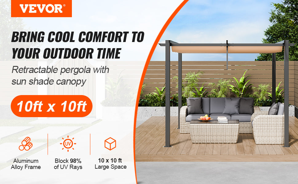 VEVOR 10'x10' Outdoor Retractable Pergola with Canopy Aluminum Pergola with Canopy Modern Pergola with Shade Canopy for Patios