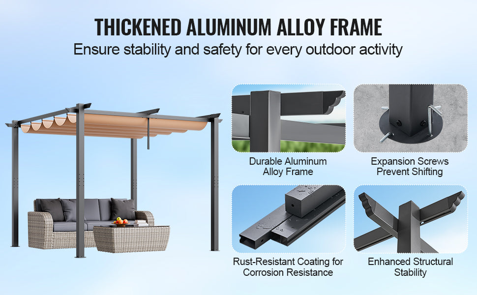 VEVOR 10'x10' Outdoor Retractable Pergola with Canopy Aluminum Pergola with Canopy Modern Pergola with Shade Canopy for Patios