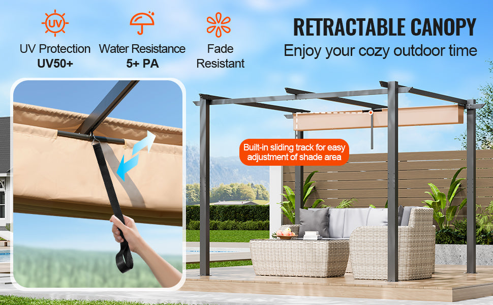 VEVOR 10'x10' Outdoor Retractable Pergola with Canopy Aluminum Pergola with Canopy Modern Pergola with Shade Canopy for Patios