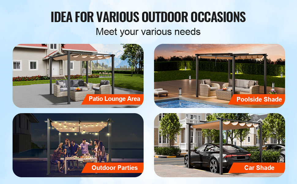 VEVOR 10'x10' Outdoor Retractable Pergola with Canopy Aluminum Pergola with Canopy Modern Pergola with Shade Canopy for Patios