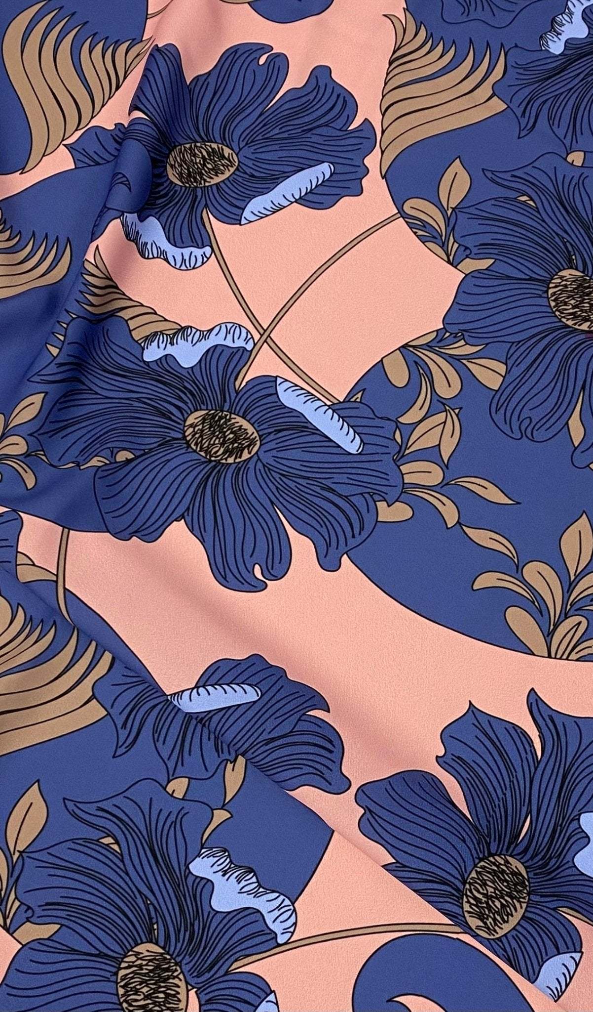 Retro Style Blue Floral on Peach Background Fabric By Metre