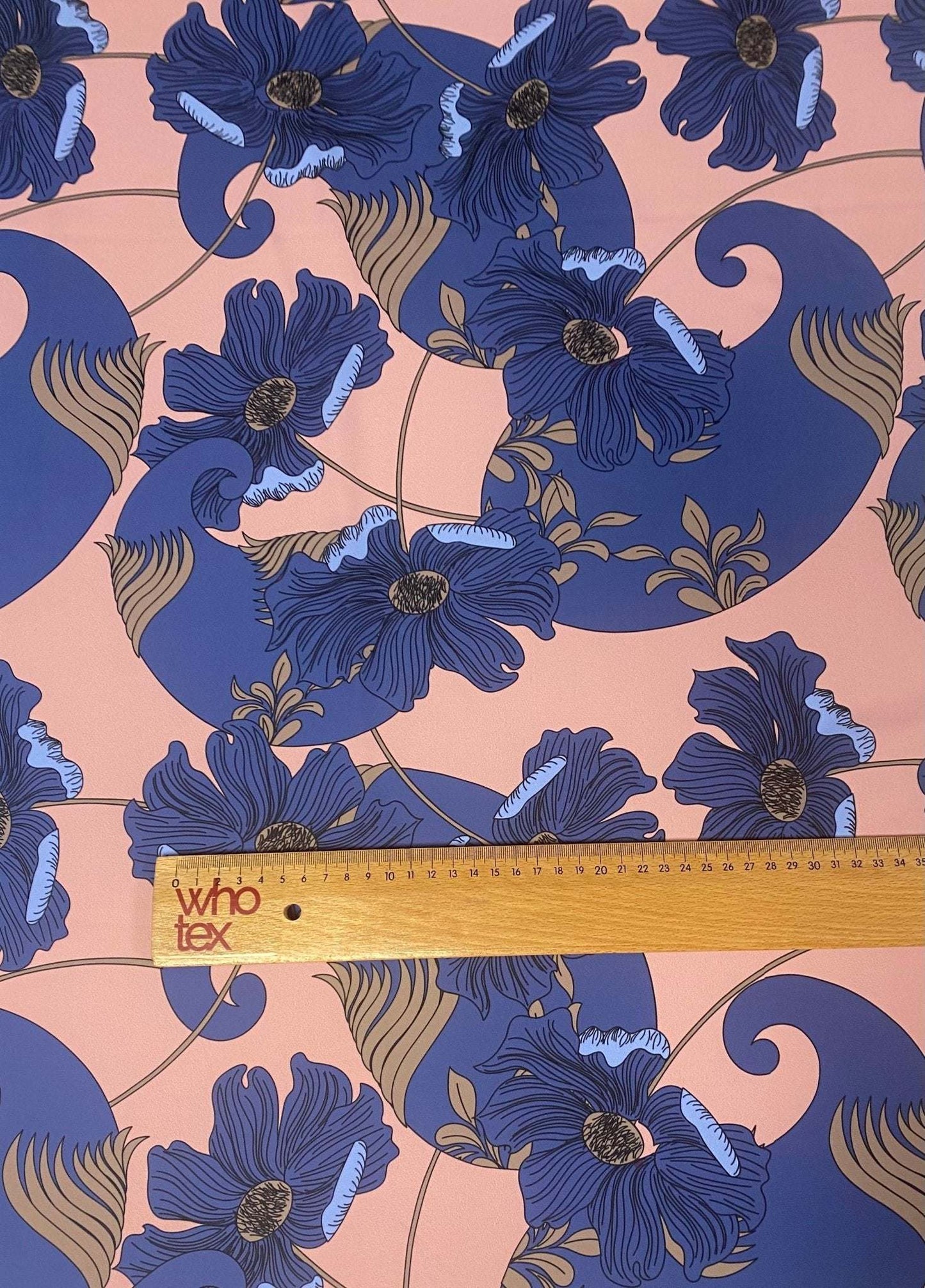 Retro Style Blue Floral on Peach Background Fabric By Metre
