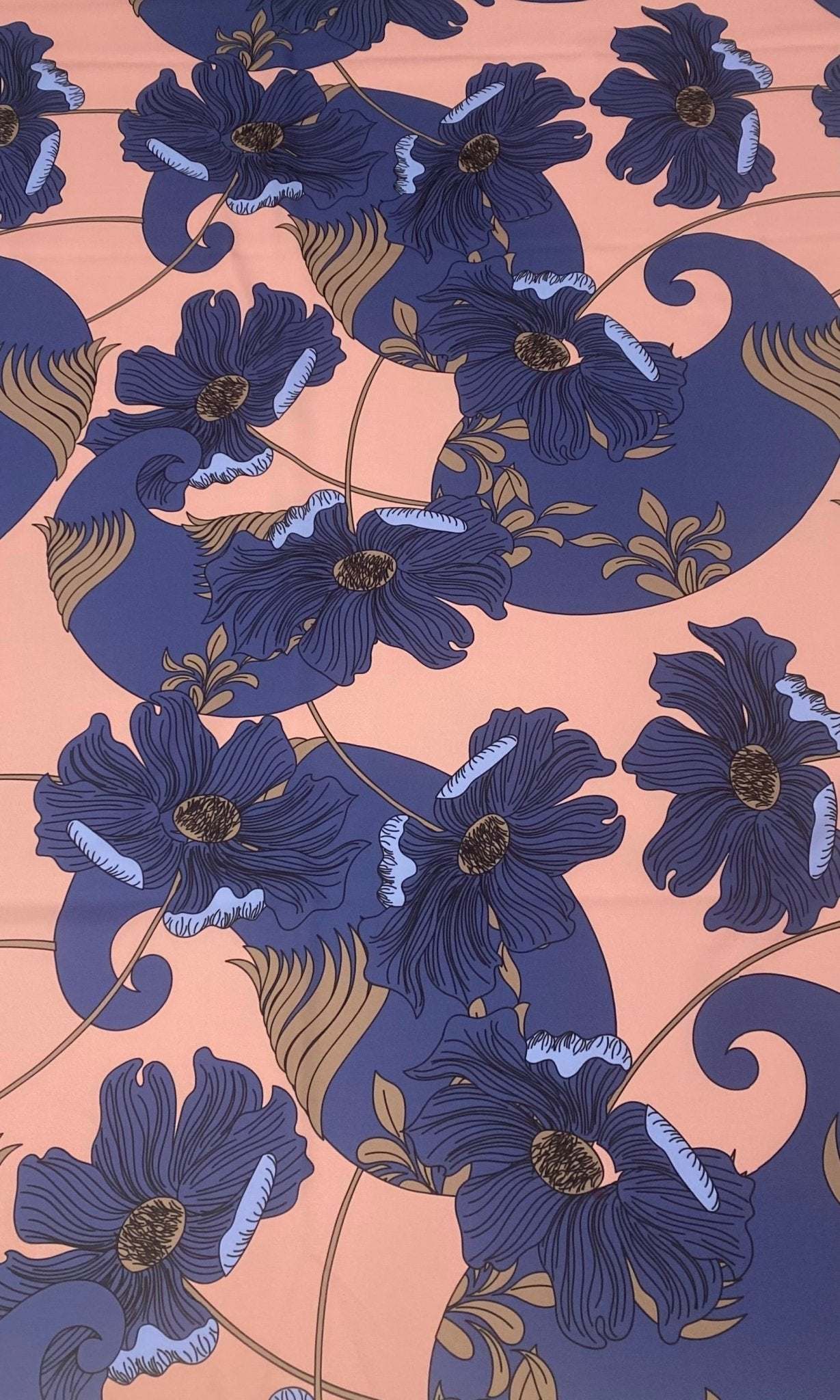 Retro Style Blue Floral on Peach Background Fabric By Metre