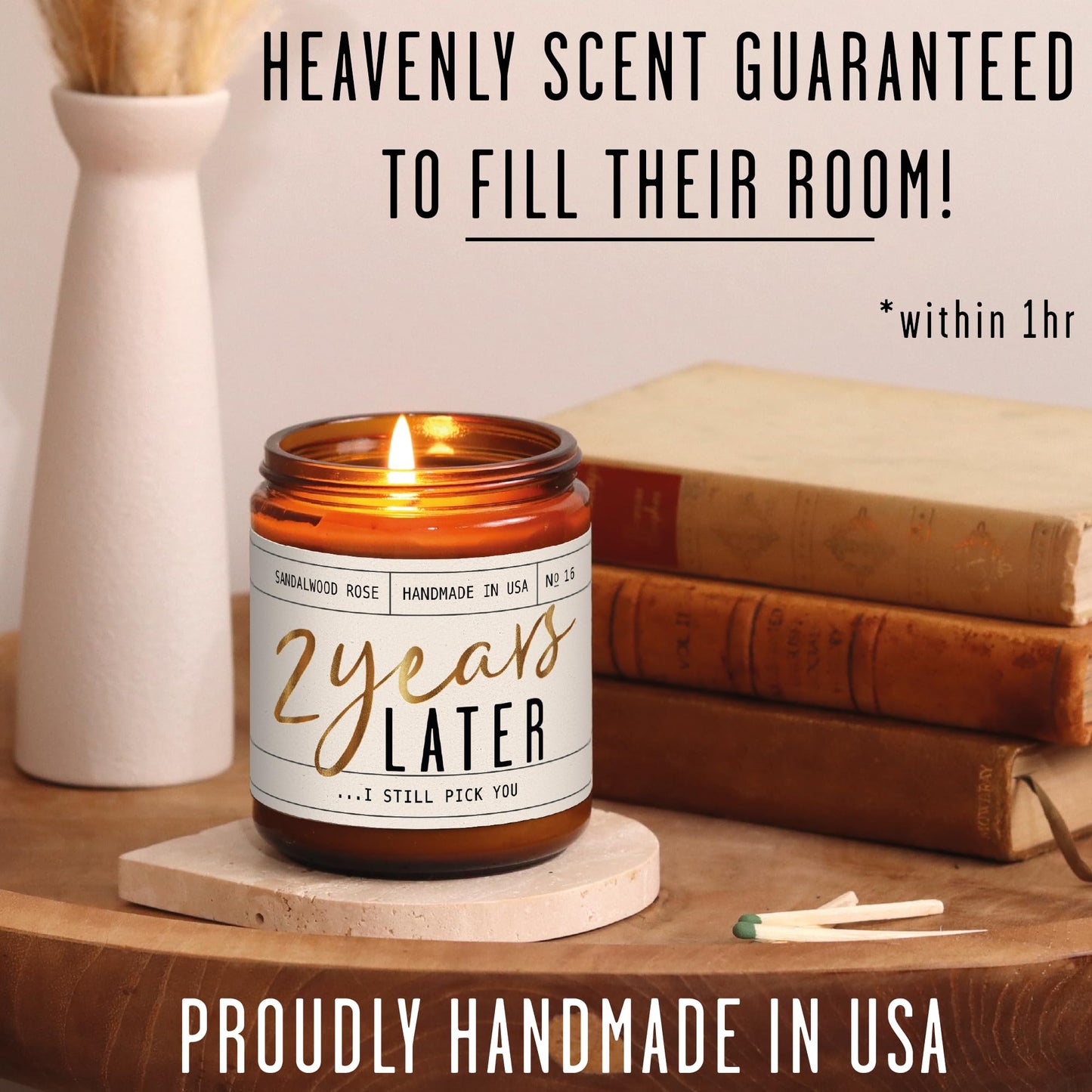 2 Year Anniversary Gift for Her – 2 Years Later Soy Candle, Sandalwood Rose, USA Made