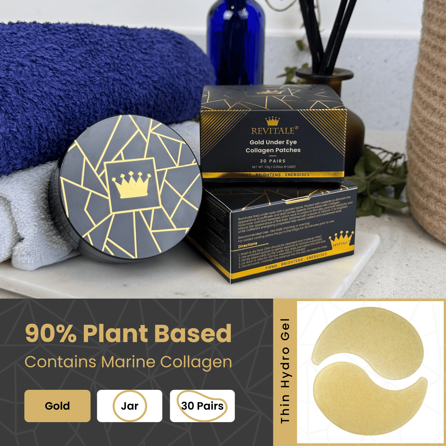 Revitale 24k Gold Under Eye Collagen Patches (30 Pairs - Jar)