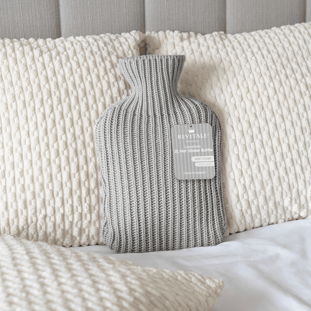 Revitale Natural Rubber Hot Water Bottle with Knit Cover - 2 Litre (Arctic Silver)