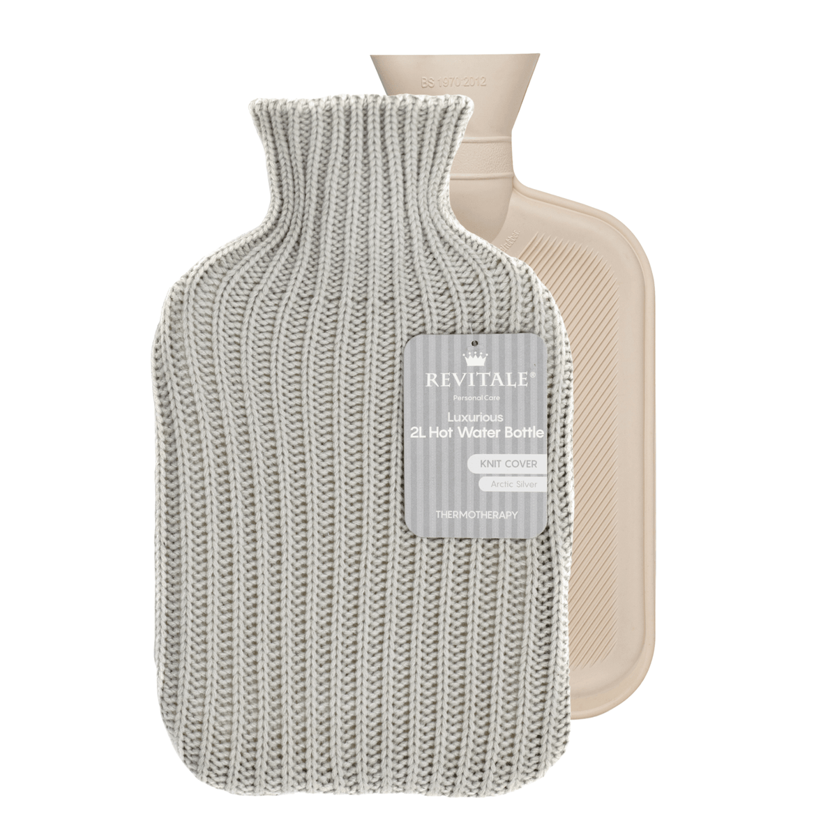 Revitale Natural Rubber Hot Water Bottle with Knit Cover - 2 Litre (Arctic Silver)