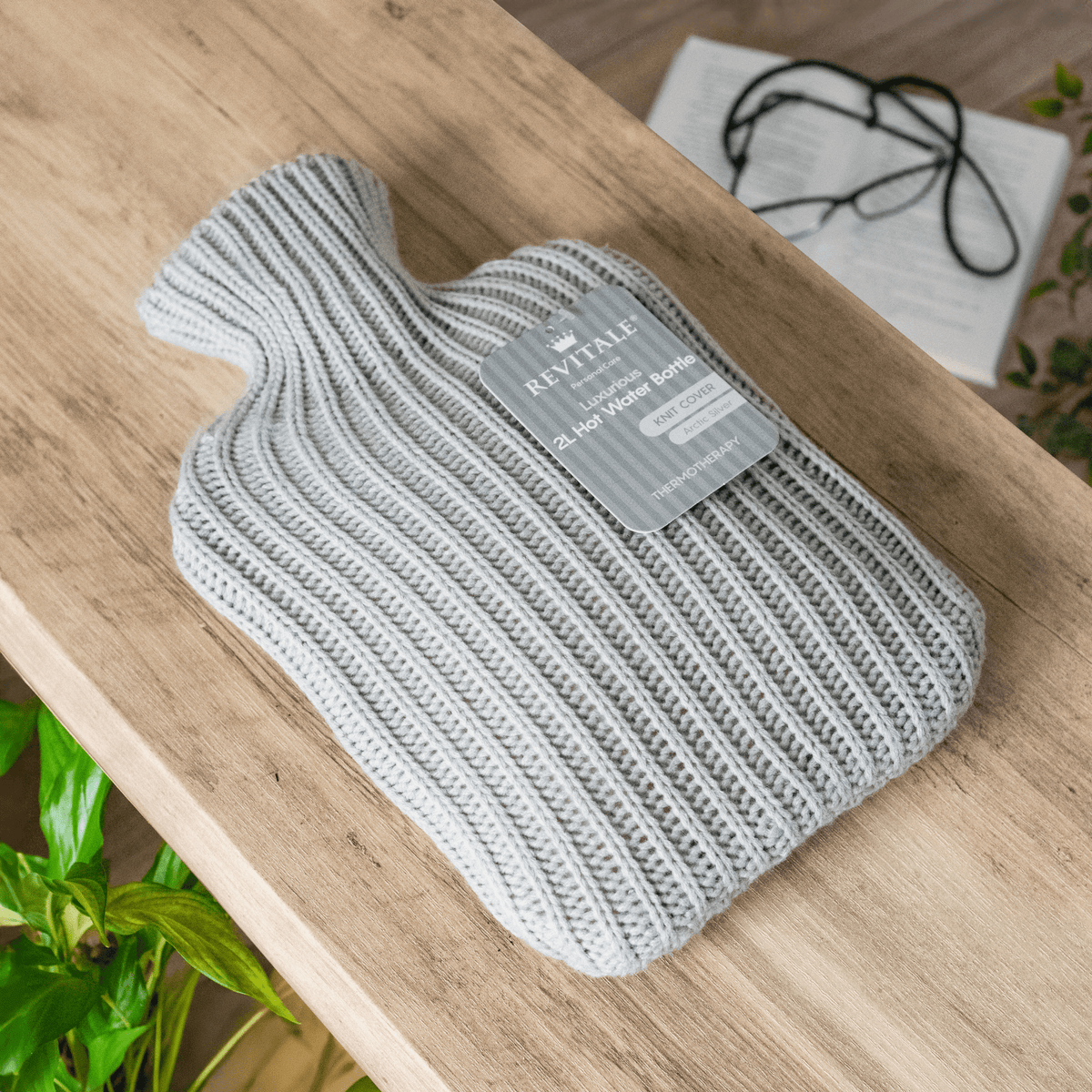 Revitale Natural Rubber Hot Water Bottle with Knit Cover - 2 Litre (Arctic Silver)