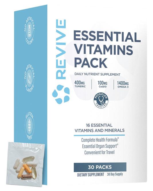 Revive MD Essential Vitamin Packs for Men & Women – Daily Multivitamin Packets with Arjuna & Turmeric Extract (30 Servings) – Travel-Friendly