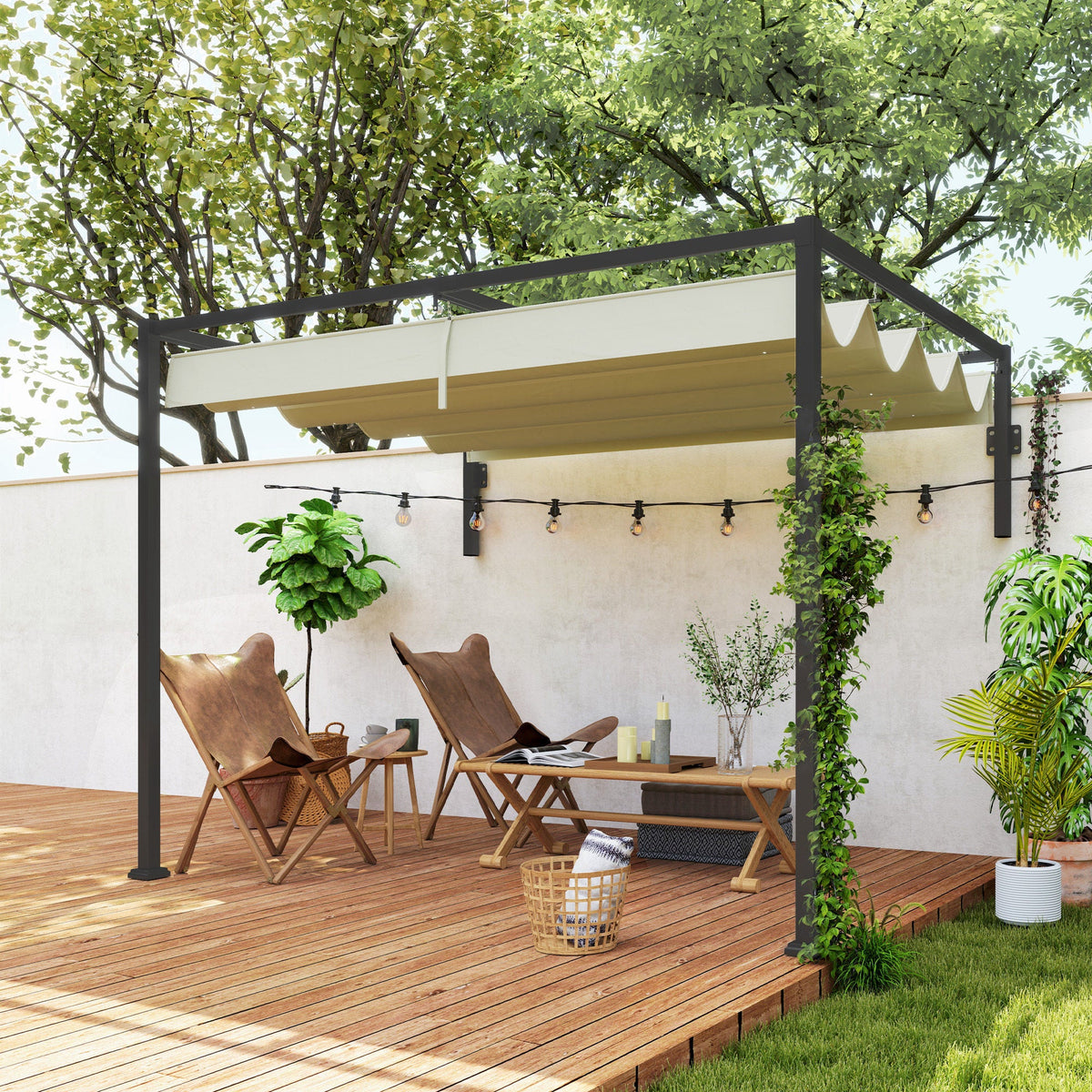 Outsunny 2 x 3(m) Wall Mounted Pergola with Retractable Roof, Khaki