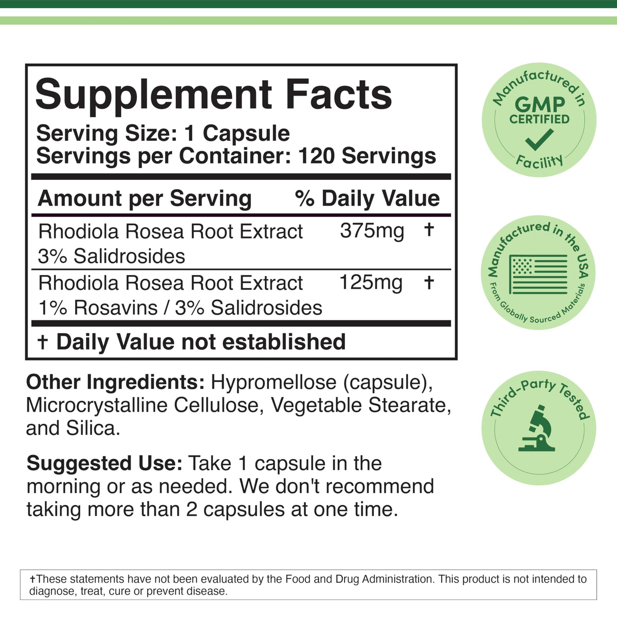 Rhodiola Rosea 500mg – 120 Vegan Capsules | 3% Salidrosides | Gluten Free