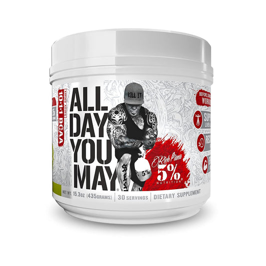5% Nutrition Rich Piana AllDayYouMay BCAA Powder | Intra & Post-Workout Aminos, Hydration & Endurance – Lemon Lime, 15.3 oz
