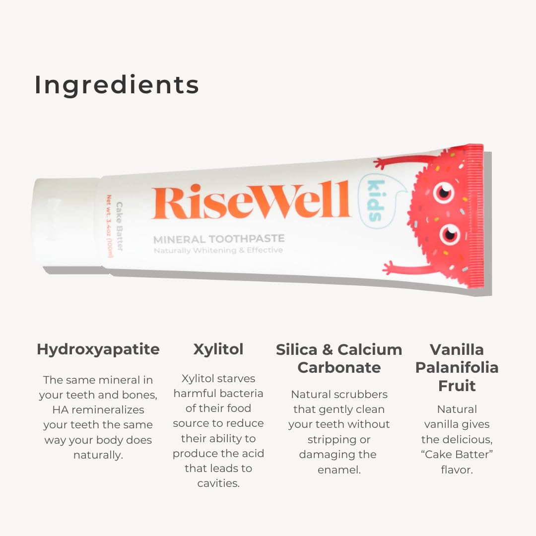 RiseWell Kids Mineral Toothpaste – Hydroxyapatite, No Fluoride, Cake Batter – 3.4 oz (Pack of 2)