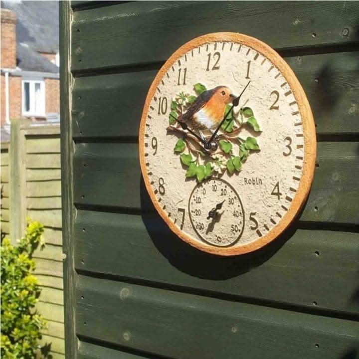 12 Inch Rustic Stone Effect Robin Wall Clock with Thermometer