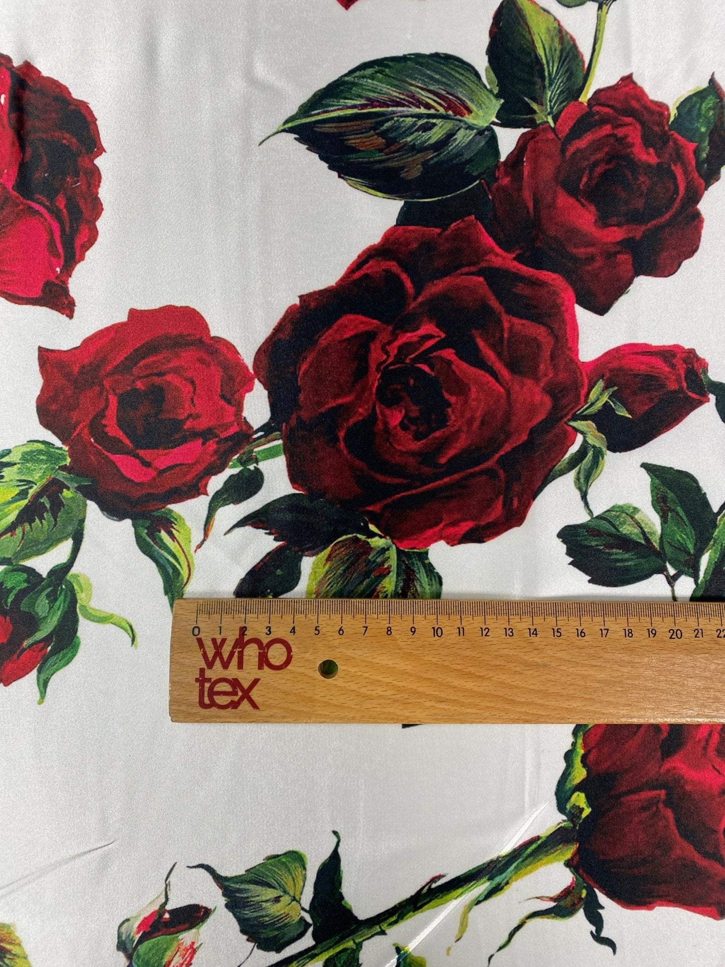 Red Rose Pattern White Fabric by Metre