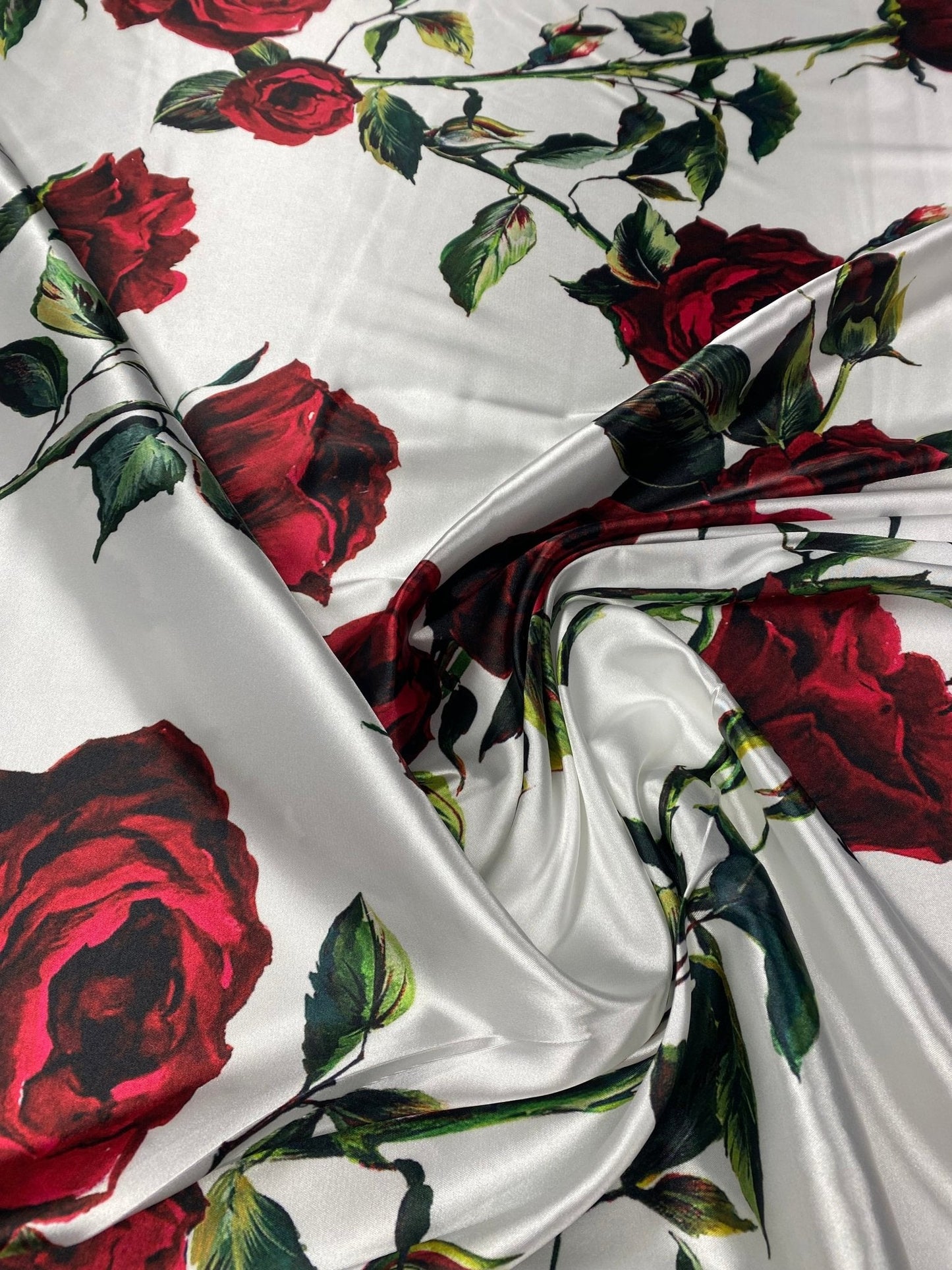 Red Rose Pattern White Fabric by Metre