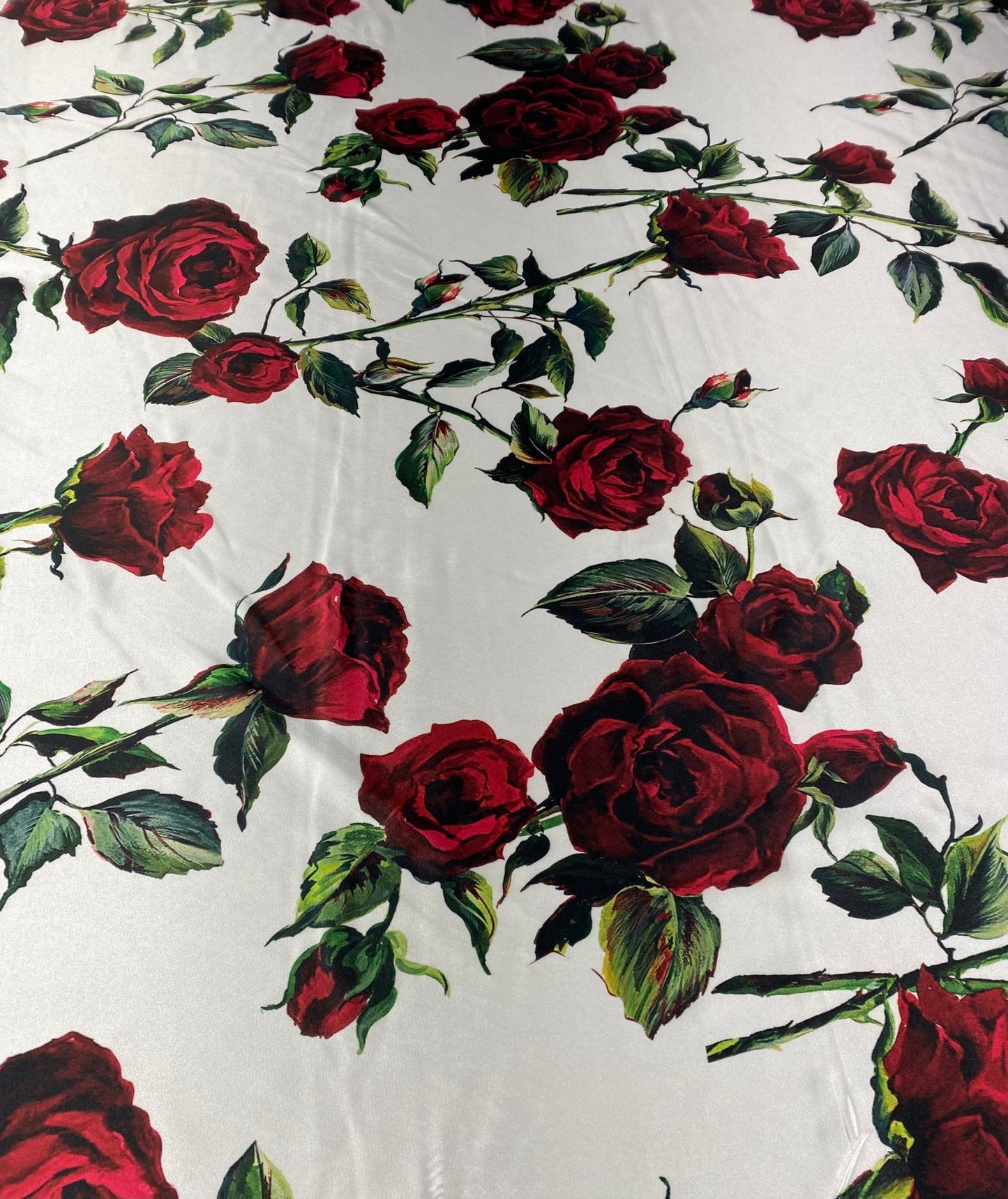 Red Rose Pattern White Fabric by Metre
