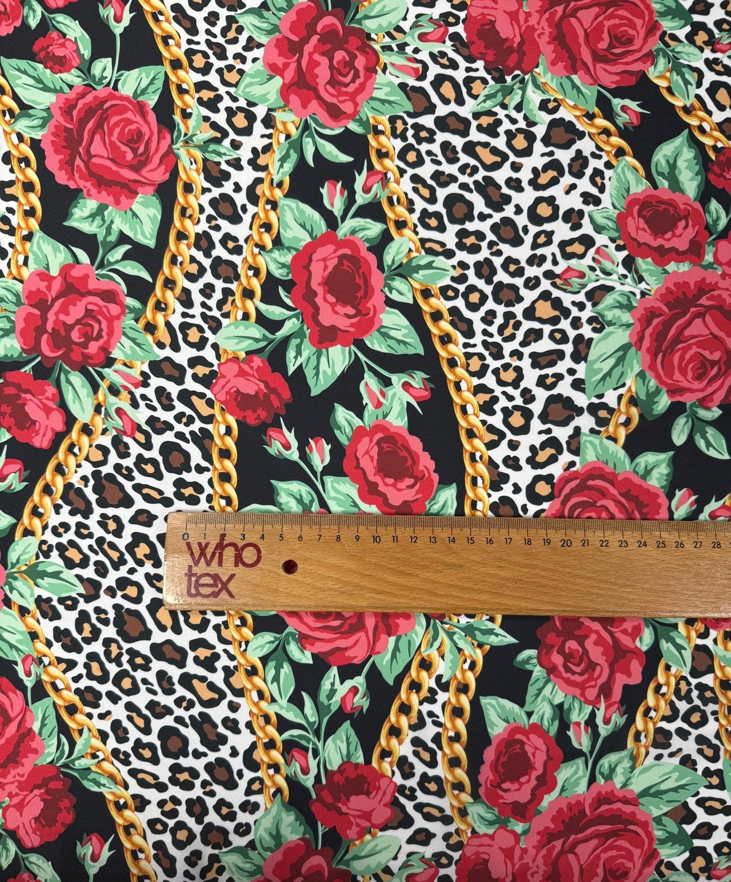 Leopard Print Fabric with Red Roses and Gold Chains Fabric by Metre