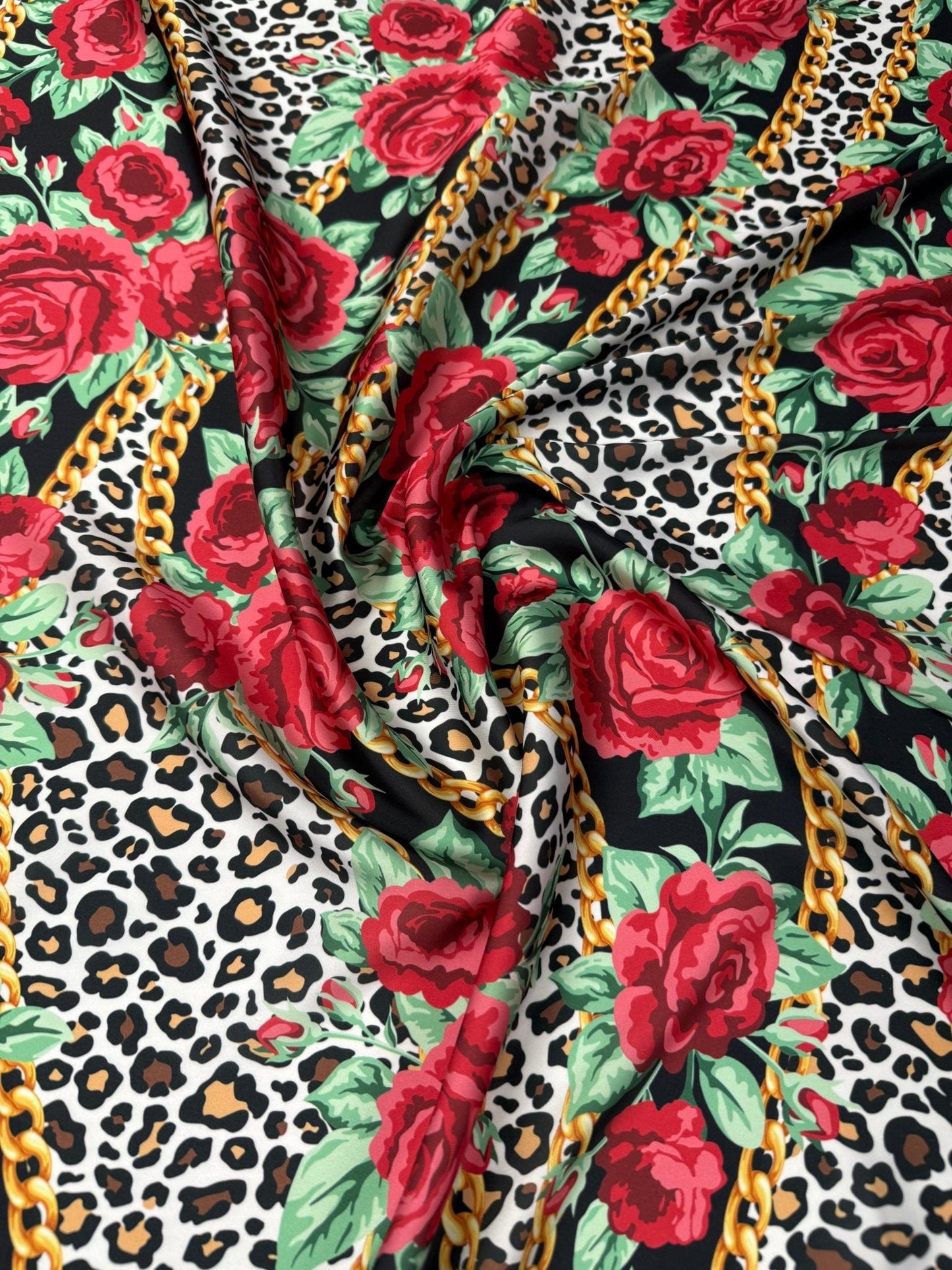 Leopard Print Fabric with Red Roses and Gold Chains Fabric by Metre