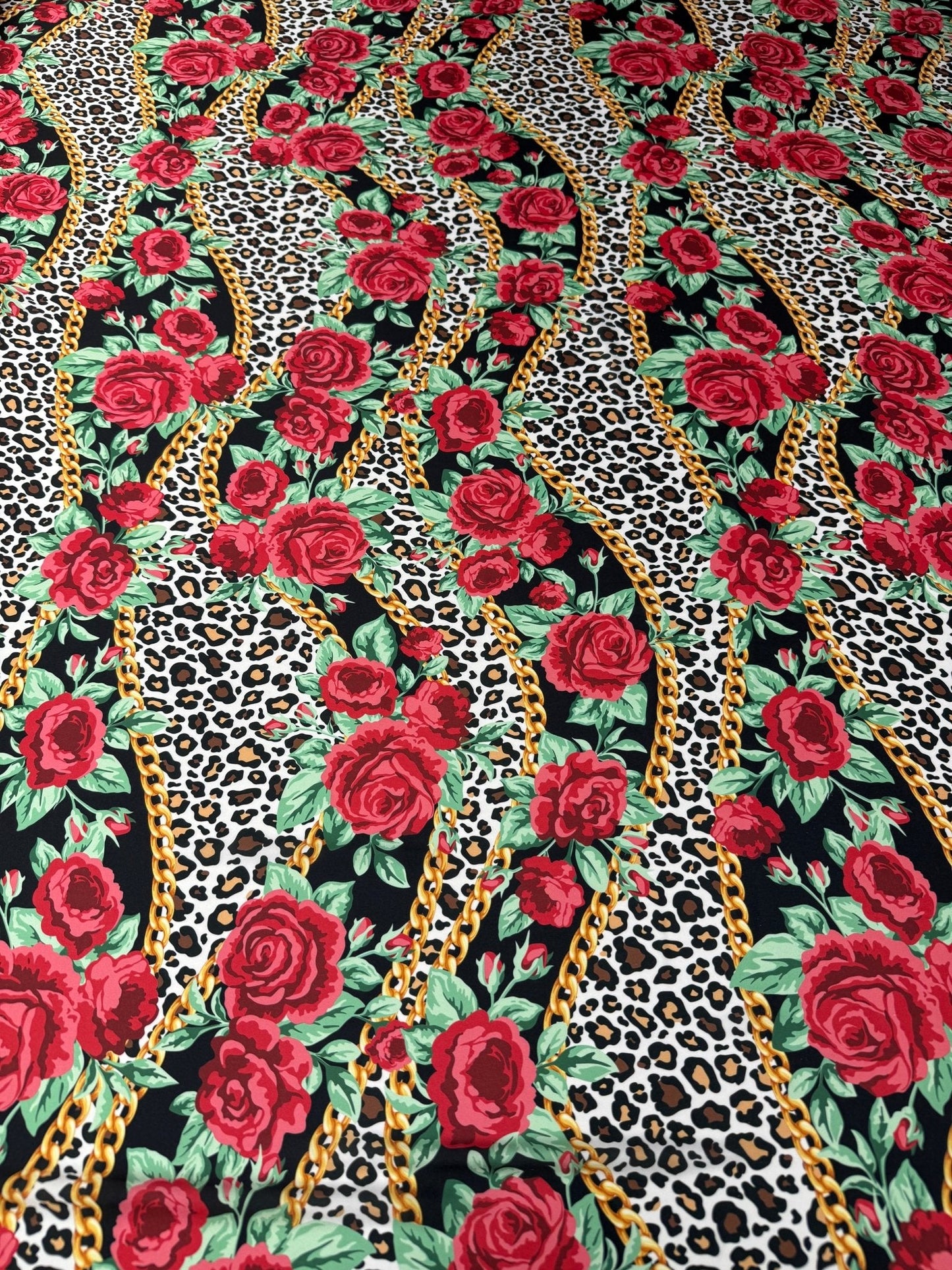 Leopard Print Fabric with Red Roses and Gold Chains Fabric by Metre