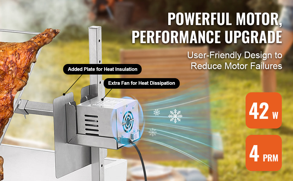 VEVOR 46inch Rotisserie Grill with Windscreen Charcoal Spit Grill 132 Lbs Capacity Stainless Steel Roaster with Lockable Wheels