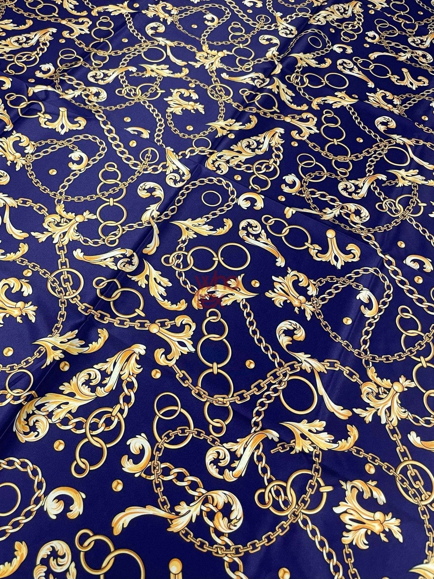 Royal Blue Fabric with Gold Chains & Baroque Scrolls by Metre