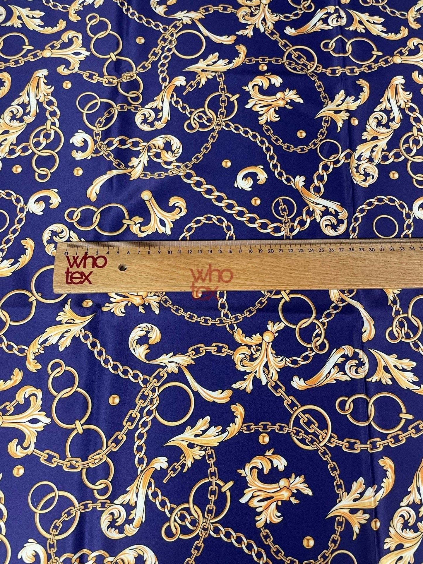 Royal Blue Fabric with Gold Chains & Baroque Scrolls by Metre