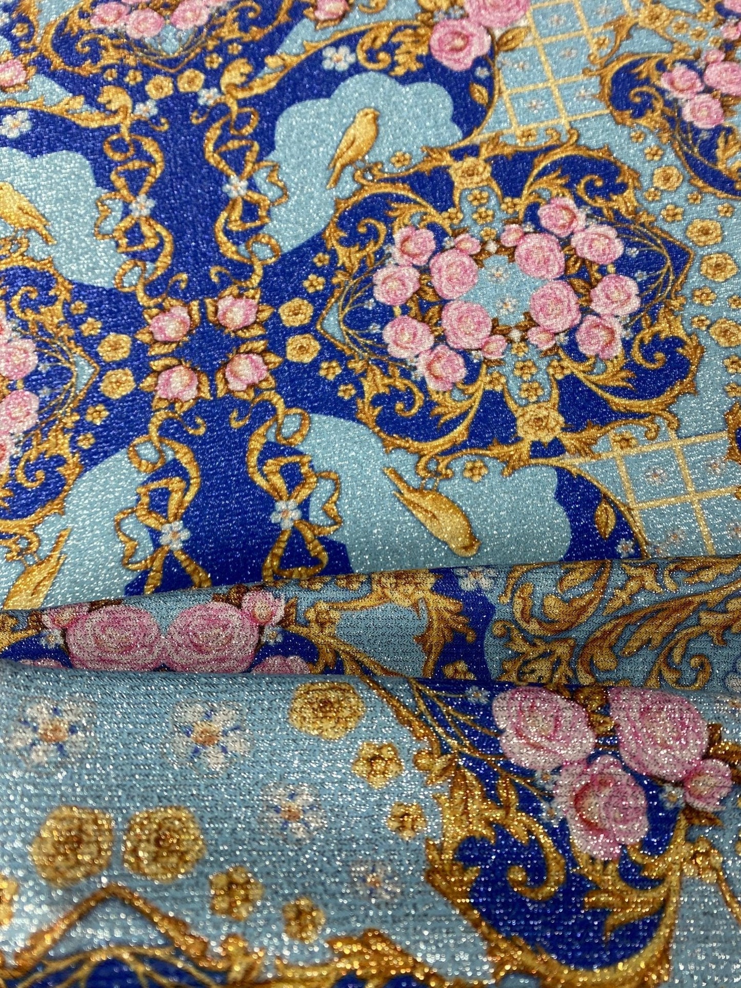 Royal Blue Ornate Fabric with Roses, Birds, and Gold Scrolls Fabric Sold by Metre