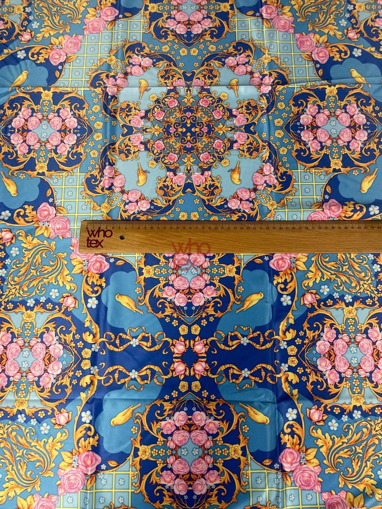 Royal Blue Ornate Fabric with Roses, Birds, and Gold Scrolls Fabric Sold by Metre