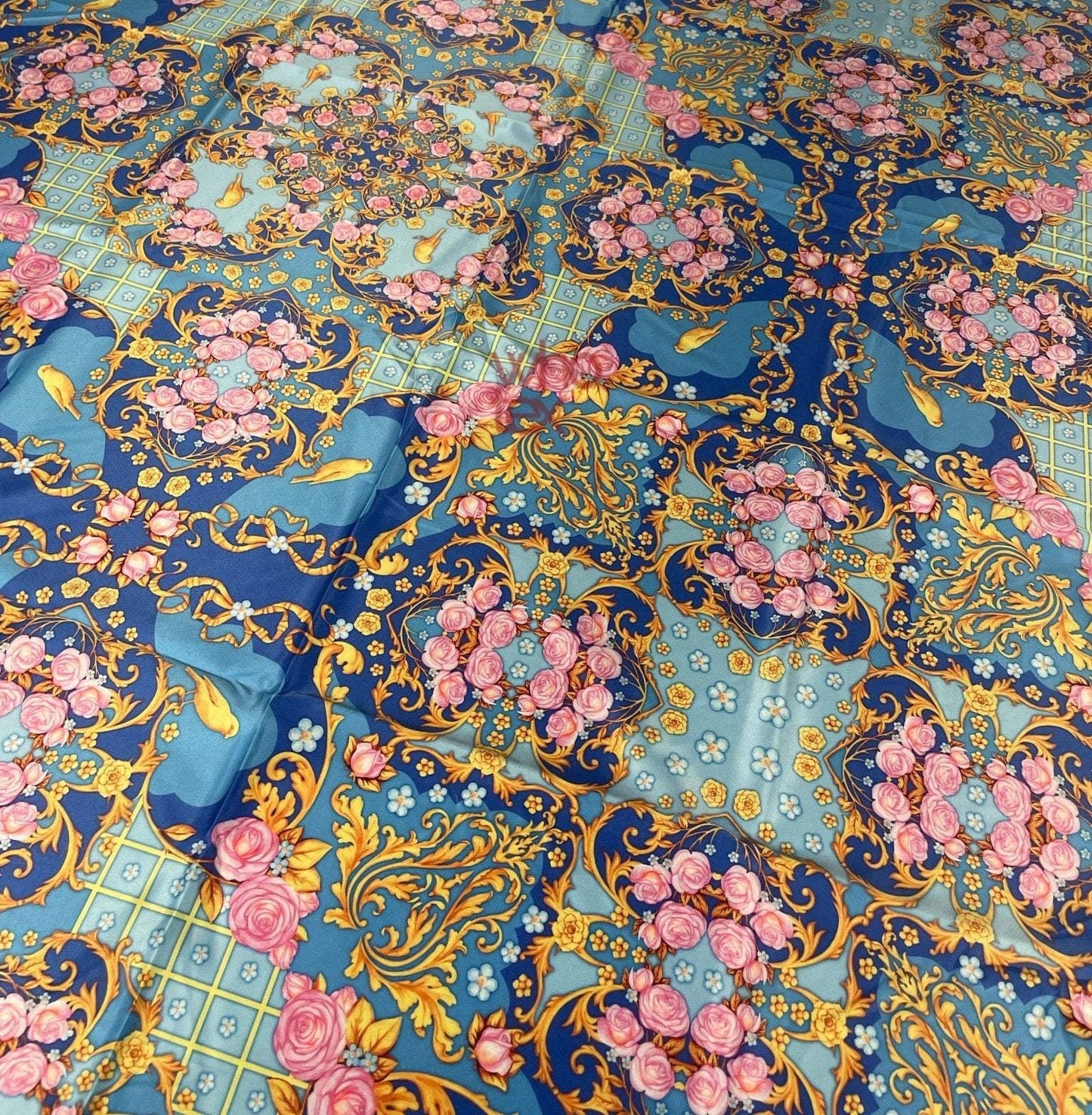 Royal Blue Ornate Fabric with Roses, Birds, and Gold Scrolls Fabric Sold by Metre