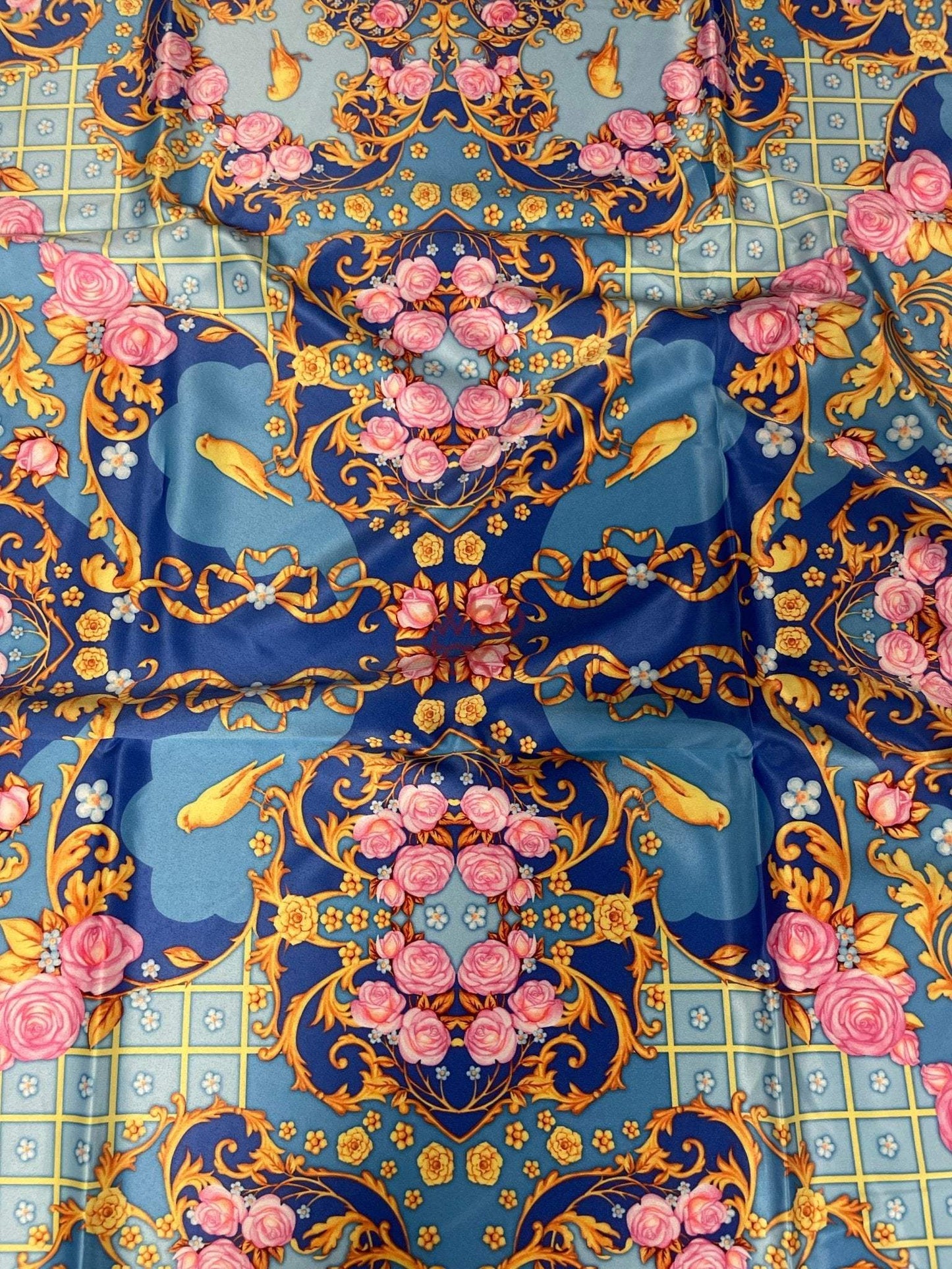 Royal Blue Ornate Fabric with Roses, Birds, and Gold Scrolls Fabric Sold by Metre