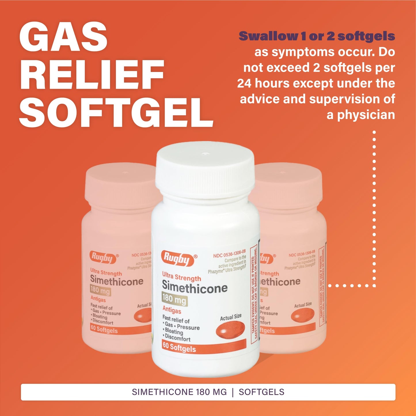 Rugby Ultra Strength Simethicone Gas Relief 180 mg – 60 Softgels (10-Pack) for Adults