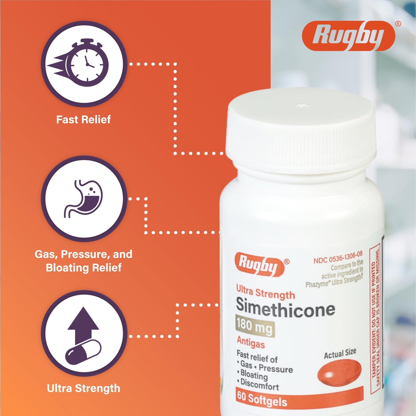 Rugby Ultra Strength Simethicone Gas Relief 180 mg – 60 Softgels (10-Pack) for Adults