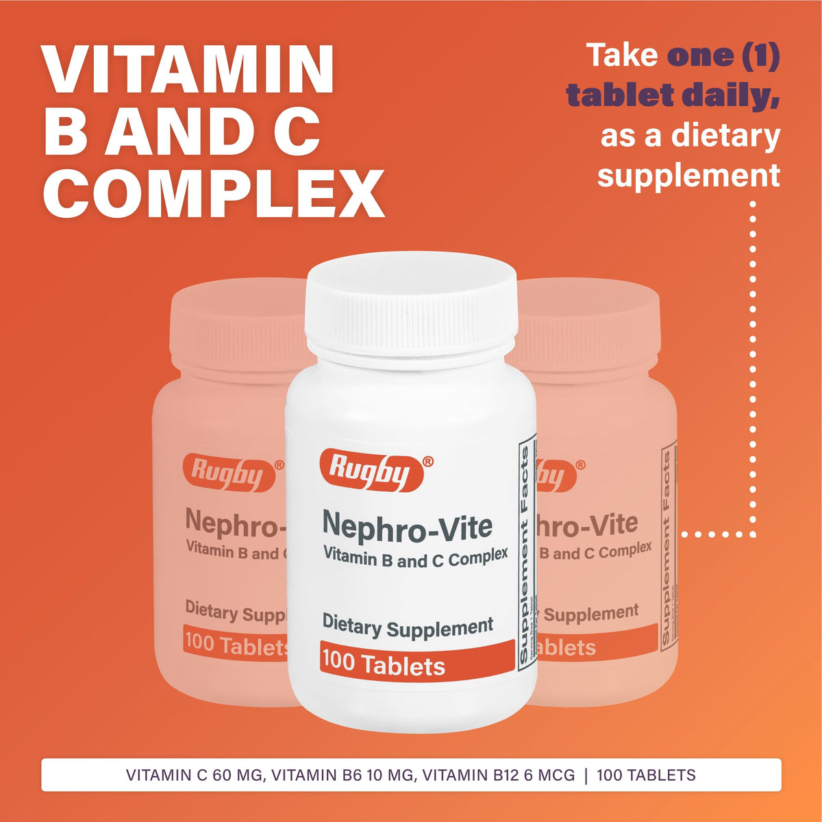 Rugby Nephro-Vite Vitamin B and C Complex Tablets – Dietary Supplement (100 Count) 3 Pack