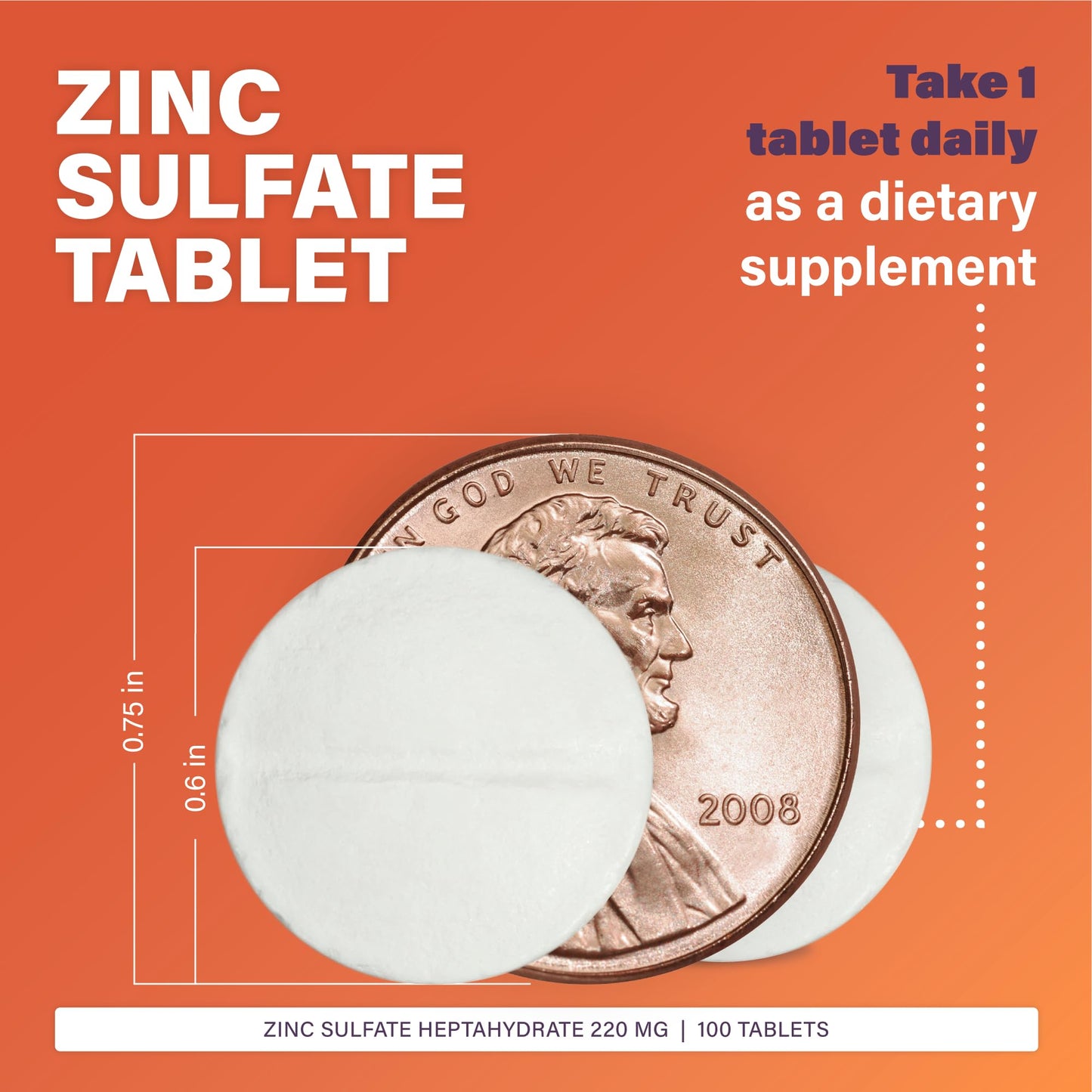 Rugby Zinc Sulfate 220 mg Tablets - Zinc Sulfate Heptahydrate - Dietary Supplement - 100 Count (3 Pack)