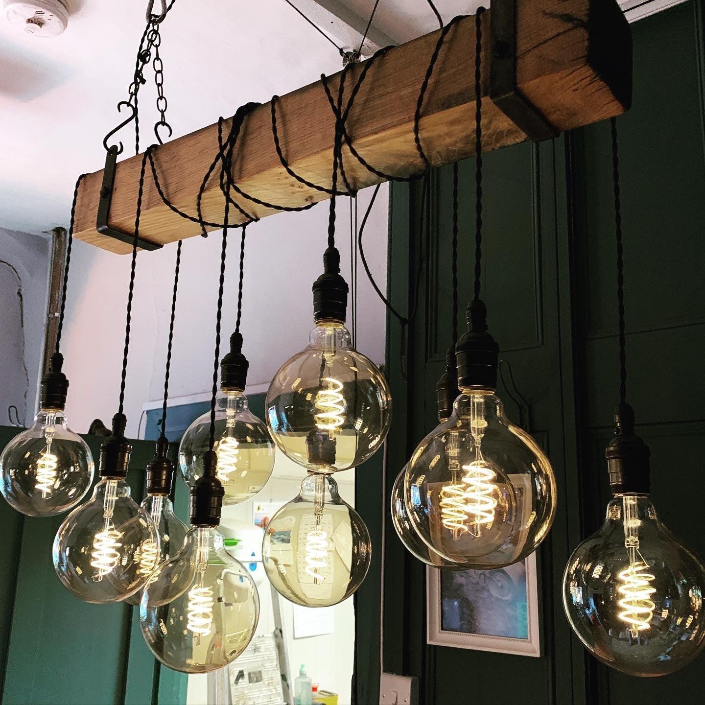 Rustic Oak Beam Chandelier with Wrapped Cables and Steel Brackets