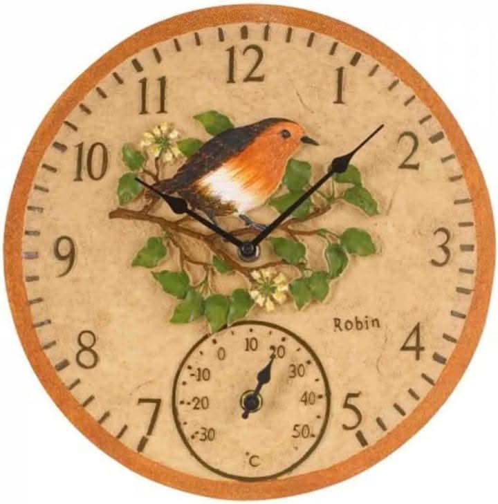 12 Inch Rustic Stone Effect Robin Wall Clock with Thermometer