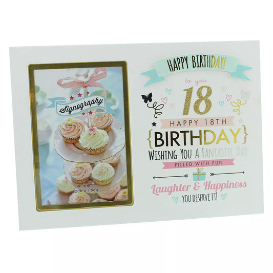 18th Birthday Photo Frame by Signography 4 x 6 photo size with an open gift box