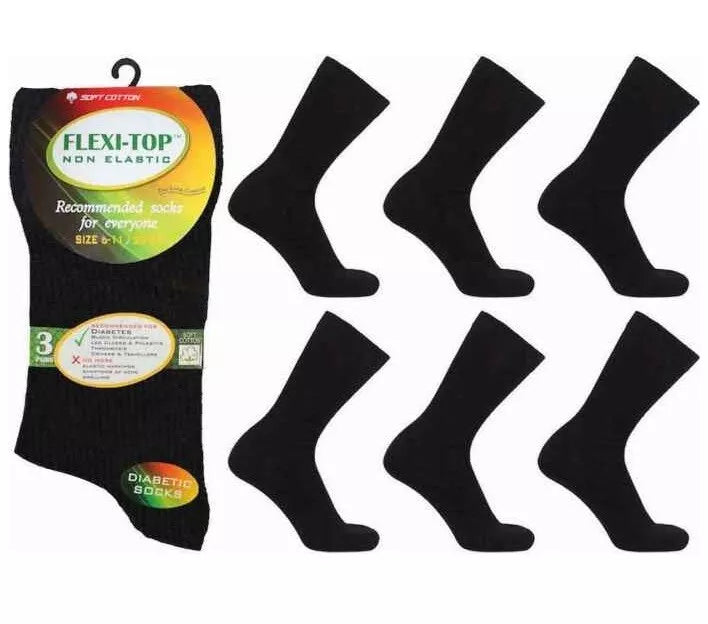3 Pair MENS Black NON BINDING Socks Loose Top COTTON Diabetic Gentle Soft Grip