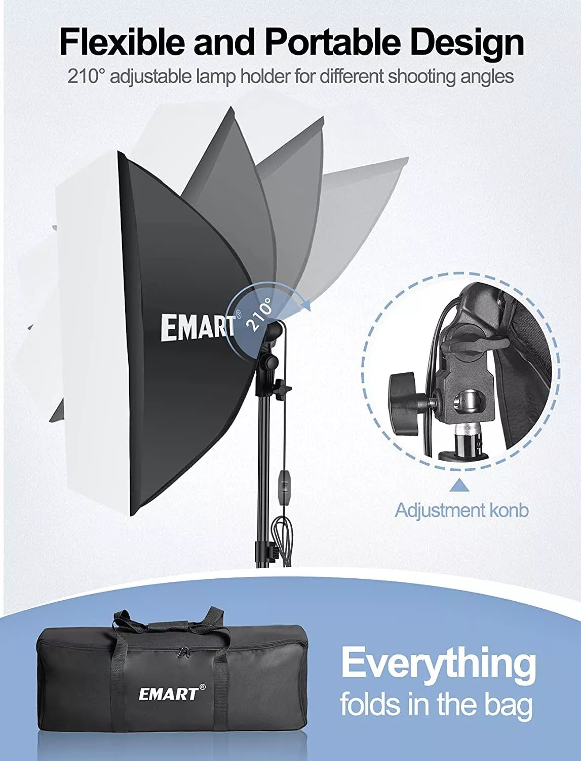 EMART Softbox Lighting Kit 60x60cm E27 Socket with Reflectors, Portable