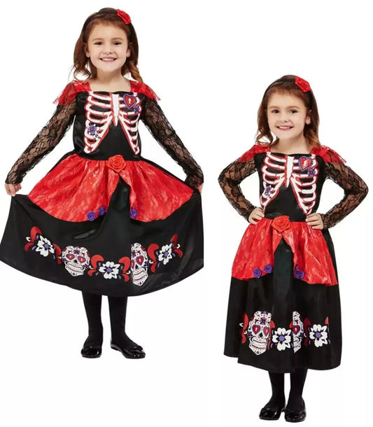 Toddlers Day Of The Dead Girls Costume Skeleton Fancy Dress Outfit Kids Age 1-2