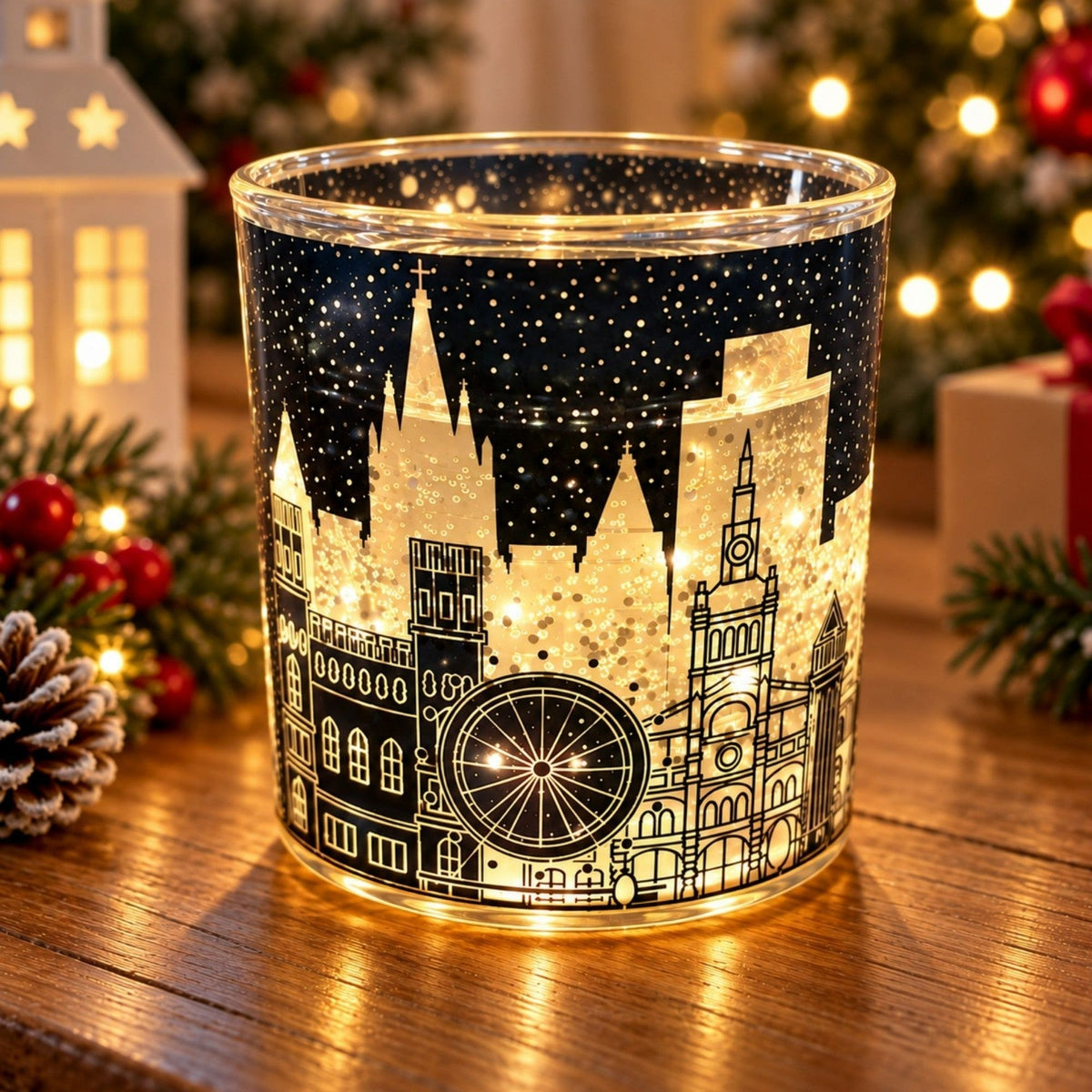 Christmas Scented Candle with LED Lights & Skyline Design