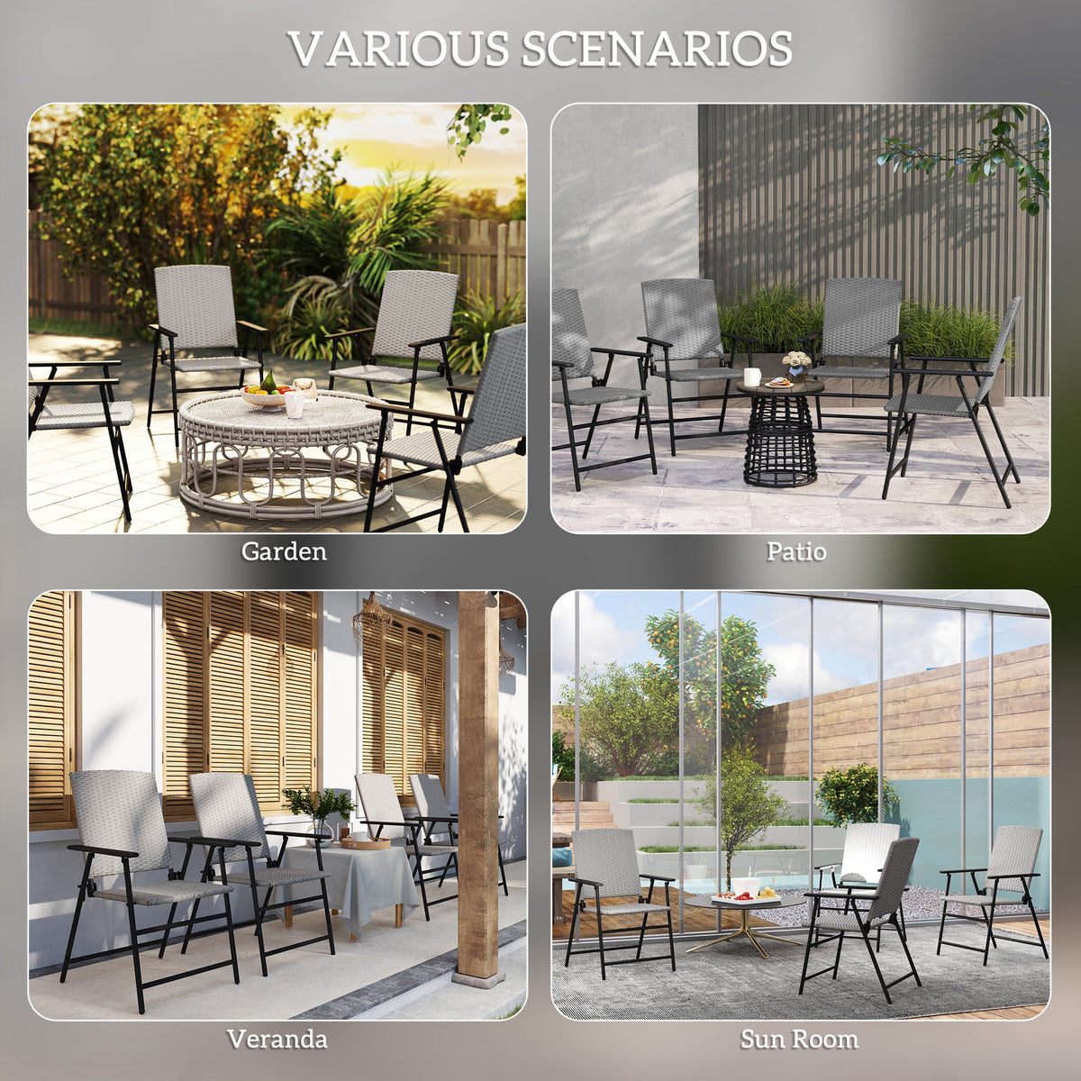 Outsunny 4pcs Rattan Chair Foldable Garden Furniture w/ Armrest Grey